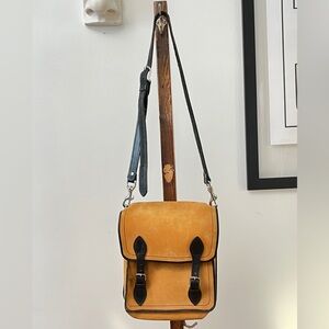 Vintage leather messenger shoulder bag, two tone, metal hardware